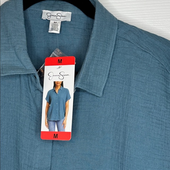 Jessica Simpson Women’s Short Sleeve Gauze Teal Top Sz M NWT - Picture 3 of 6